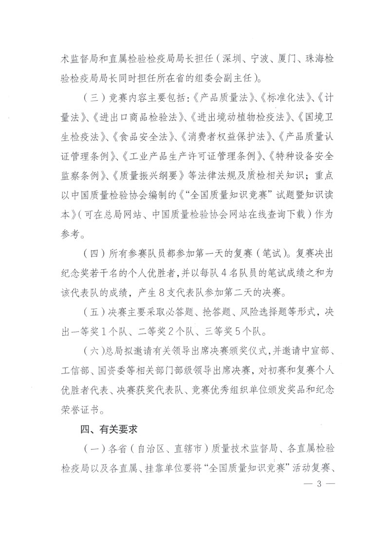 國家質(zhì)檢總局關(guān)于做好參加&ldquo;全國質(zhì)量知識競賽&rdquo;活動復(fù)賽決賽工作的通知